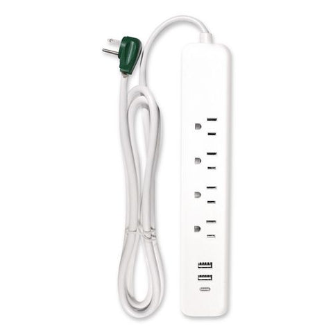Four-outlet Surge Protector With Three Usb Ports, 4 Ft Cord Length Cord, 450 J, White
