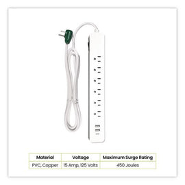 6 Outlet Surge Protector With Usb, 6 Ac Outlets/3 Usb Ports, 6 Ft Cord, 450 J, White