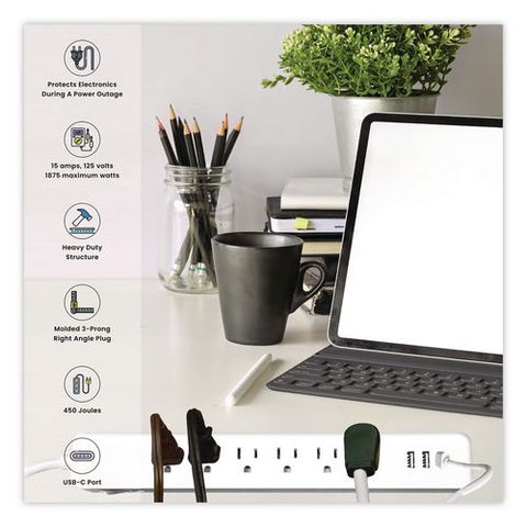 6 Outlet Surge Protector With Usb, 6 Ac Outlets/3 Usb Ports, 6 Ft Cord, 450 J, White