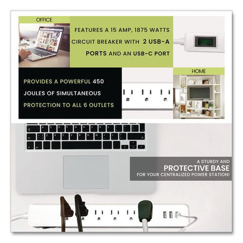 6 Outlet Surge Protector With Usb, 6 Ac Outlets/3 Usb Ports, 6 Ft Cord, 450 J, White