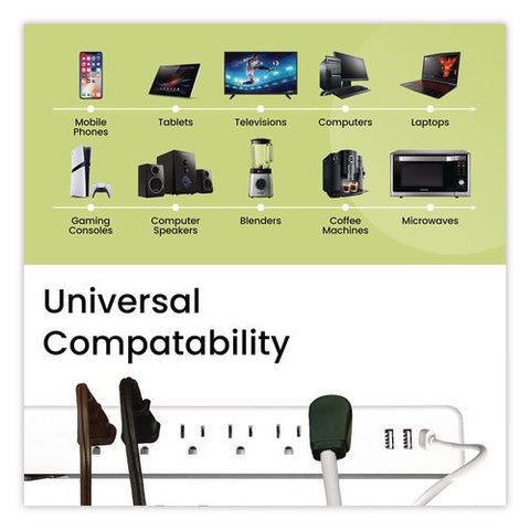 6 Outlet Surge Protector With Usb, 6 Ac Outlets/3 Usb Ports, 6 Ft Cord, 450 J, White