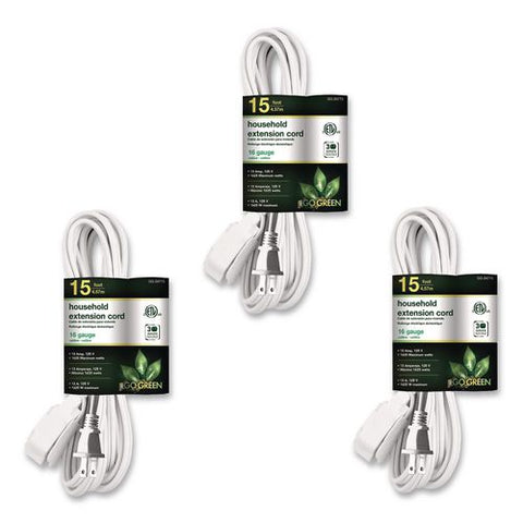 Household Extension Cord, 15 Ft, 13 A, White, 3/pack