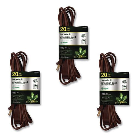 Household Extension Cord, 20 Ft, 13 A, Brown, 3/pack