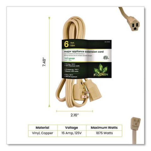 Appliance Cords, 6 Ft, 15 A, Beige