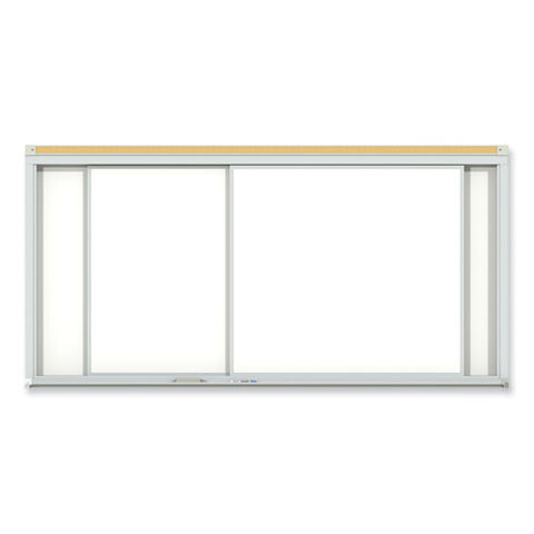 Horizontal Sliding Porcelain Magnetic Whiteboard, 144" X 48", White Surface, Anodized Aluminum Frame