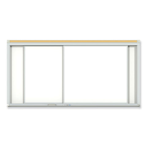 Horizontal Sliding Porcelain Magnetic Whiteboard, 96" X 48", White Surface, Anodized Aluminum Frame