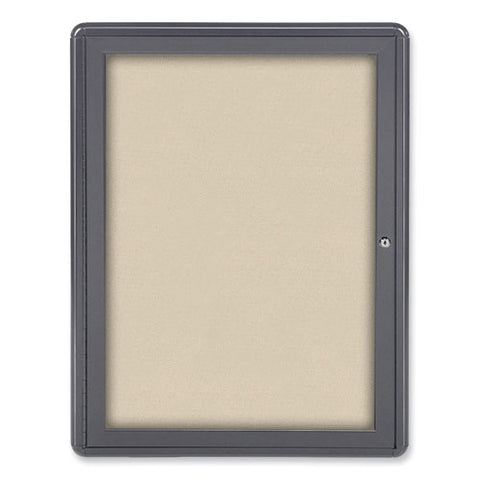 Ovation 1 Door Enclosed Fabric Bulletin Board, 24.13" X 33.75", Beige Surface, Powder-coated Gray Aluminum Frame