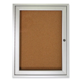 1 Door Enclosed Natural Cork Bulletin Board With Satin Frame, 24" X 36", Tan Surface, Satin Aluminum Frame