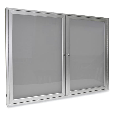 2 Door Enclosed Vinyl Bulletin Board With Satin Frame, 60" X 36", Silver Surface, Satin Aluminum Frame