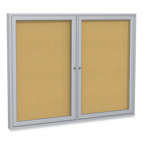 2 Door Enclosed Natural Cork Bulletin Board With Satin Frame, 60" X 48", Tan Surface, Satin Aluminum Frame