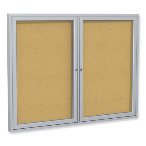 2 Door Enclosed Natural Cork Bulletin Board With Satin Frame, 72" X 36", Tan Surface, Satin Aluminum Frame