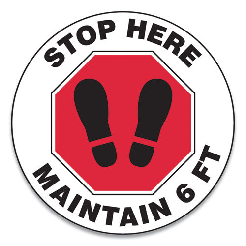 Slip-gard Social Distance Floor Signs, 12" Circle, "stop Here Maintain 6 Ft", Footprint, Red/white, 25/pack