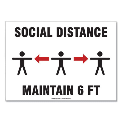 Social Distance Signs, Wall, 10 X 7, "social Distance Maintain 6 Ft", 3 Humans/arrows, White, 10/pack