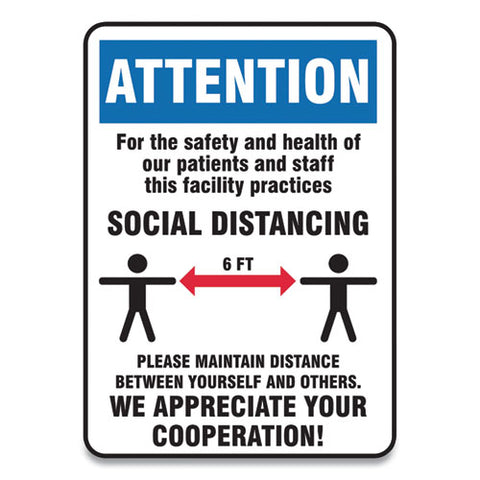 Social Distance Signs, Wall, 7 X 10, Patients And Staff Social Distancing, Humans/arrows, Blue/white, 10/pack