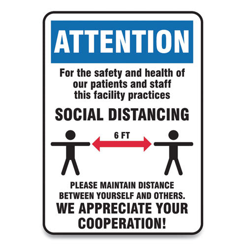 Social Distance Signs, Wall, 10 X 14, Patients And Staff Social Distancing, Humans/arrows, Blue/white, 10/pack