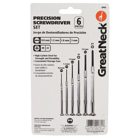 Precision Screwdriver Set, Six-piece, Phillips/slotted, Assorted Lengths, Polished Steel Handles