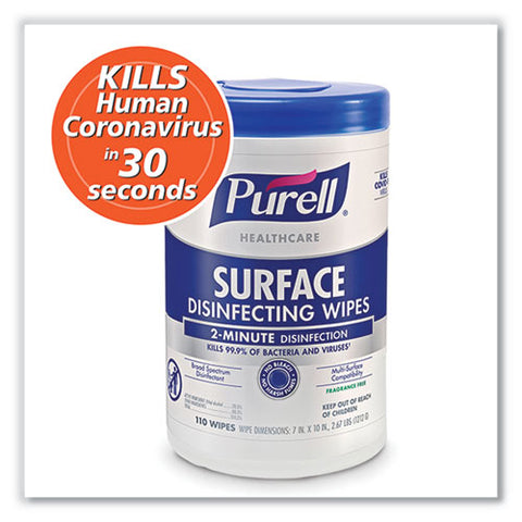 Healthcare Surface Disinfecting Wipes, 1-ply, 7" X 10", Unscented, White, 110 Wipes/canister, 6 Canisters/carton