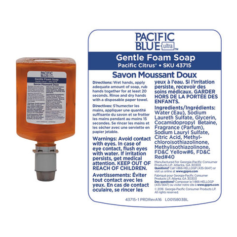 Pacific Blue Ultra Foam Soap Manual Dispenser Refill, Pacific Citrus Scent, 1,200 Ml, 4/carton