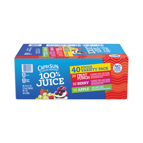 100% Juice Pouches Variety Pack, 6 Oz, 40 Pouches/carton