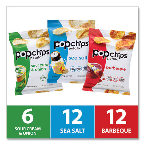 Potato Chips, Variety Pack, Barbeque, Sea Salt, Sour Cream And Onion, 0.8 Oz Bag, 30/pack