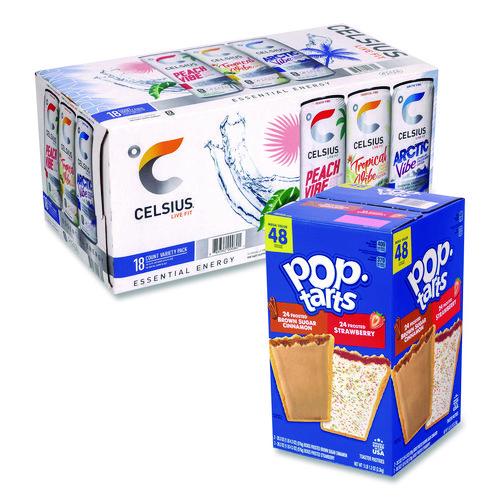 Celcius Vibe And Pop Tarts Variety Combo Pack,(18) 12oz Cans,(24) Frosted Strawberry/(24) Frosted Brown Sugar Cinnamon/bundle
