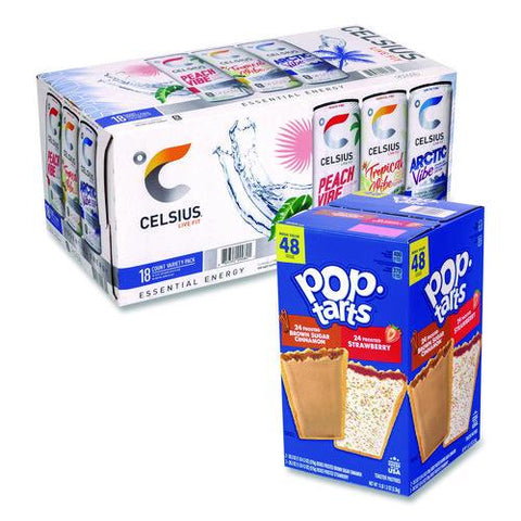Celcius Vibe And Pop Tarts Variety Combo Pack,(18) 12oz Cans,(24) Frosted Strawberry/(24) Frosted Brown Sugar Cinnamon/bundle