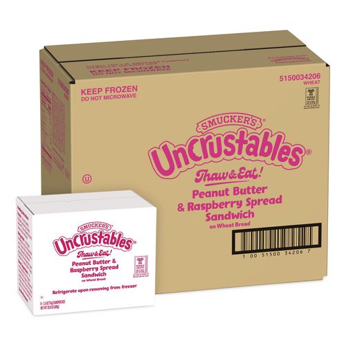 Uncrustables Peanut Butter And Raspberry Wheat, 2.6 Oz, 8 Sandwiches/box, 2 Boxes/carton