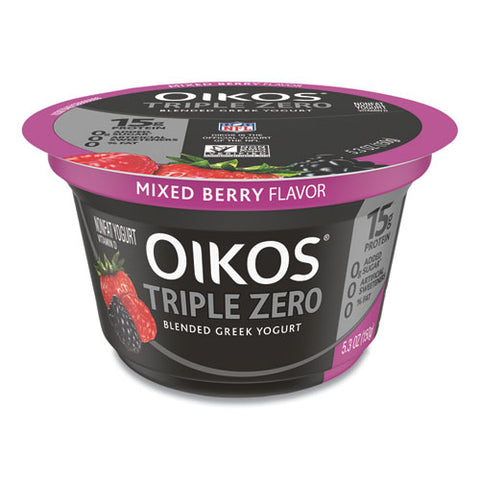 Triple Zero Blended Greek Nonfat Yogurt, 5.3 Oz, Strawberry/mixed Berry/vanilla, 18/carton