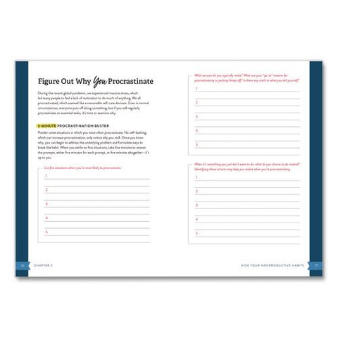 5-minute Productivity Workbook Journal, White/blue/red Cover, (192) 8 X 6 Sheets