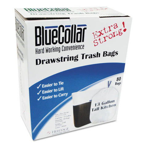 Drawstring Trash Bags, Drawstring, 13 Gal, 24" X 28", White, 40 Bags/roll, 2 Rolls/box