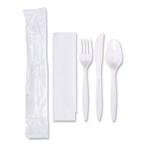 Economy Cutlery Kit, Fork/knife/napkin/spoon, Plastic, White, 250/carton