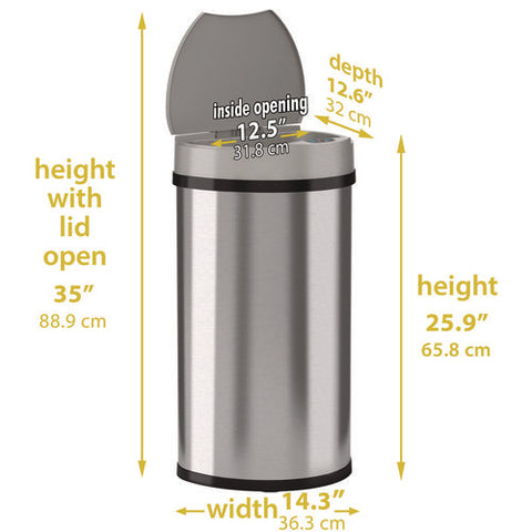 Sensor Trash Can, Half-round Cylinder, 13 Gal, Plastic/stainless Steel, Silver