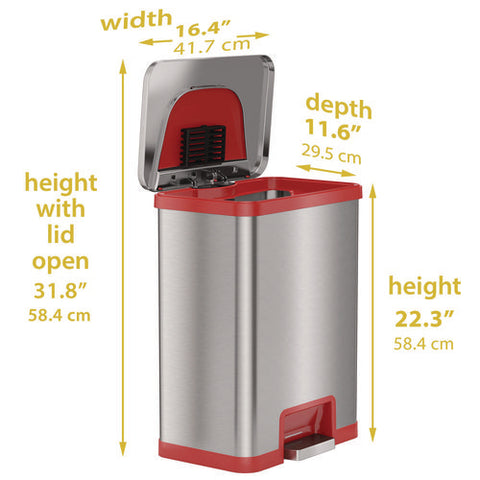 Step Pedal-sensor Trash Can, 13 Gal, Plastic/stainless Steel, Silver/red