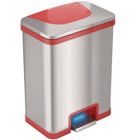 Step Pedal-sensor Trash Can, 13 Gal, Plastic/stainless Steel, Silver/red