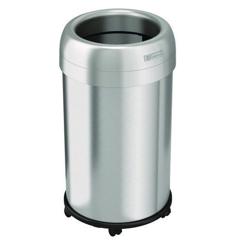 Open Top Trash Can With Wheels, Round, 13 Gal, Plastic/stainless Steel, Silver