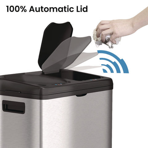 Dual Compartment Sensor Recycle Bin And Trash Can With Wheels, 16 Gal, Plastic/stainless Steel, Silver/black