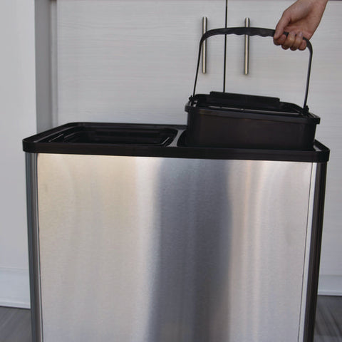 Dual Compartment Sensor Recycle Bin And Trash Can With Wheels, 16 Gal, Plastic/stainless Steel, Silver/black