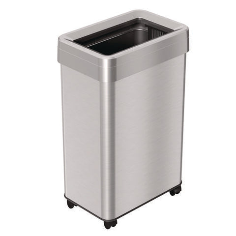 Open Top Trash Can With Wheels, Rectangular, 16 Gal, Plastic/stainless Steel, Silver