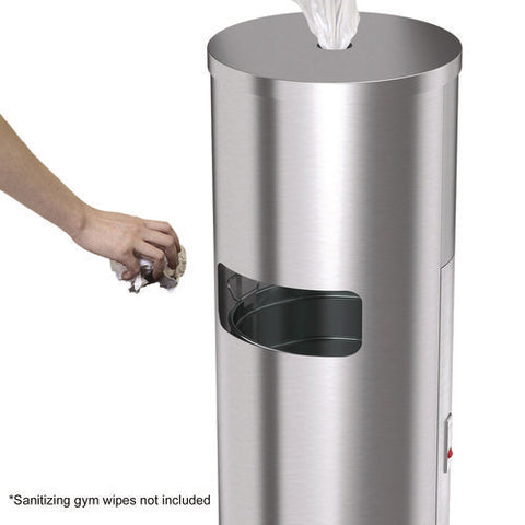 Side-entry Trash Can With Gym Wipe Dispenser, 9 Gal, Stainless Steel, Silver