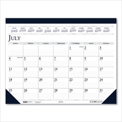 Recycled Academic Desk Pad Calendar, 22 X 17, White/blue Sheets, Blue Binding/corners, 14-month (july To Aug): 2024 To 2025