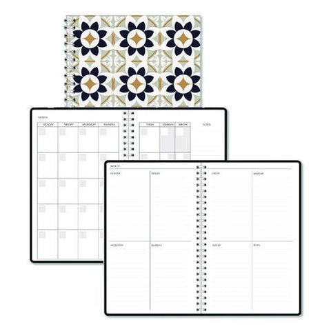 Recycled Non-dated Monthly/weekly Planner, Flower Tiles, Tan/black/white Cover, Undated