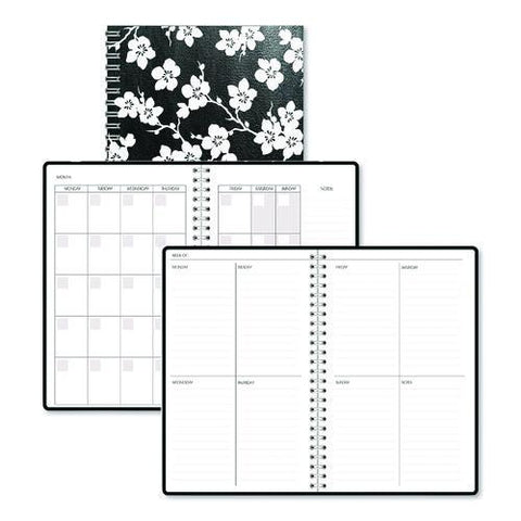 Recycled Non-dated Monthly/weekly Planner, Cherry Blossoms, Black/white Cover, Undated