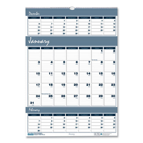 Bar Harbor Recycled Wirebound 3-months-per-page Wall Calendar, 12 X 17, White/blue/gray, 14-month: Dec 2024 To Jan 2026