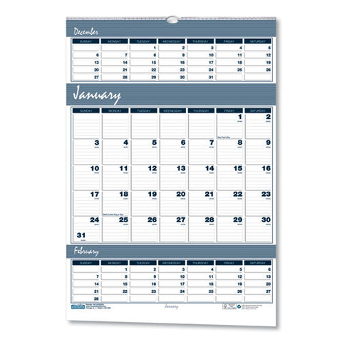 Bar Harbor Recycled Wirebound 3-months-per-page Wall Calendar, 15.5 X 22, White/blue/gray, 14-month: Dec 2024 To Jan 2026