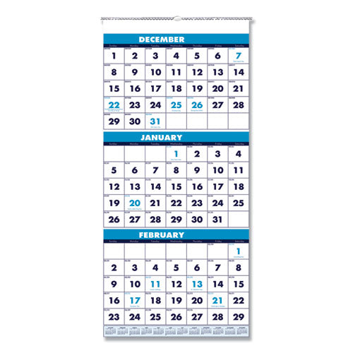 Recycled Three-month Format Wall Calendar, Vertical Orientation, 12.25 X 26, White Sheets, 14-month: Dec 2024 To Jan 2026