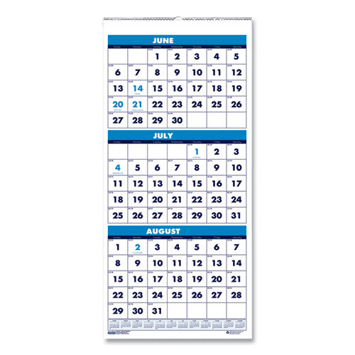 Academic Year Recycled Three-month Format Wall Calendar, Vertical: 8 X 17, White Sheets, 14-month (june To July): 2024-2025