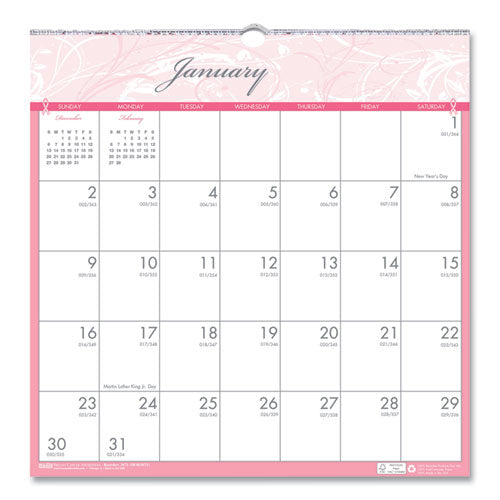 Recycled Monthly Wall Calendar, Breast Cancer Awareness Artwork, 12 X 12, White/pink/gray Sheets, 12-month (jan-dec): 2025