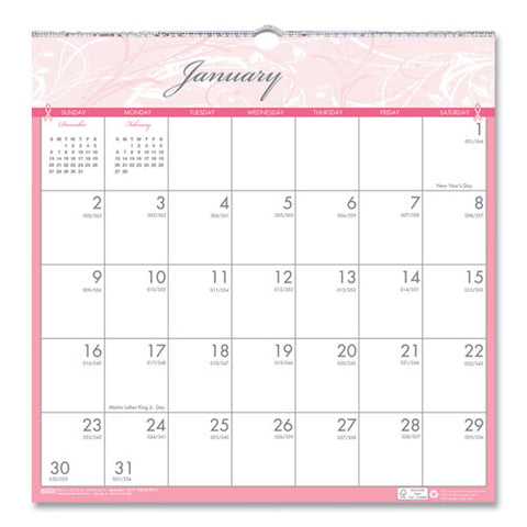 Recycled Monthly Wall Calendar, Breast Cancer Awareness Artwork, 12 X 12, White/pink/gray Sheets, 12-month (jan-dec): 2025