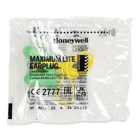 Maximum Lite Single-use Earplugs, Corded, 30nrr, Green, 100 Pairs