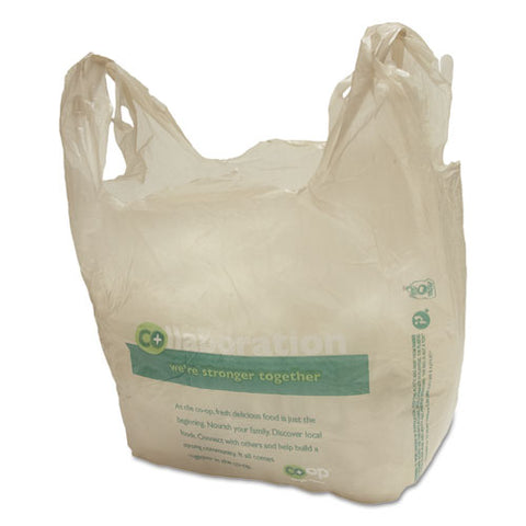 Kraft T-shirt Bag, Co-op - We're Stronger Together Labeling, Cut-out Handles, 12.75" X 22.5", Tan/green, 1,000/carton